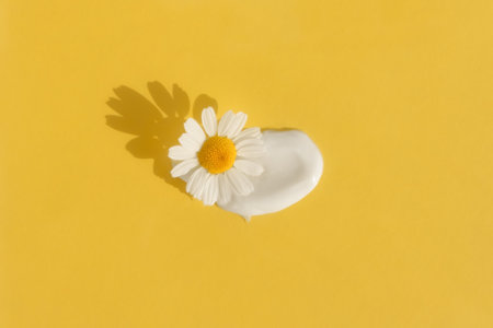 The texture of the cream with a chamomile flower on a yellow background. Smear of skincare cosmetics product. The concept of natural cosmetics. Top viewの写真素材