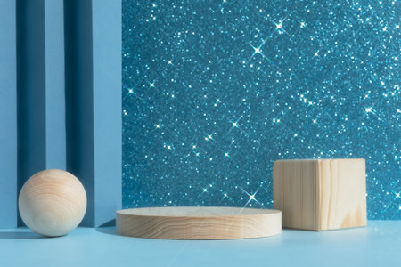 Wooden podium on an abstract shiny sparkling blue background. Empty scene with a geometric backdrop. Showcase, display case for the presentation of a cosmetic product or gift.の写真素材