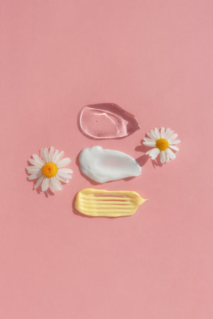 Smears of yellow, white cream and transparent gel or serum with chamomile flowers on a pink background. The texture of a cosmetic skin care product. The concept of natural cosmetics. Top view.の写真素材