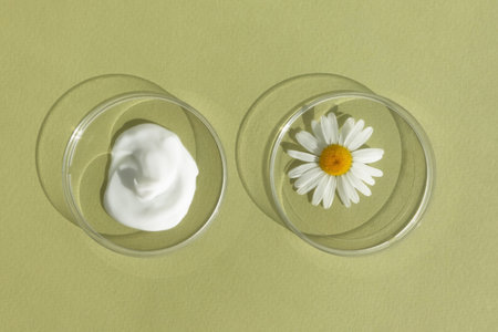 The texture of white cream and chamomile flower in petri dishes on a green background. The concept of laboratory research of natural cosmetics. Smear of skincare cosmetics product.の写真素材