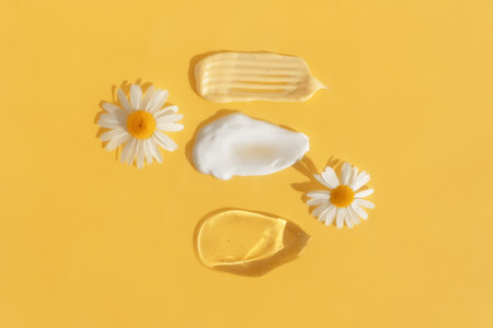 Smears of yellow, white cream and transparent gel or serum with chamomile flowers on a yellow background. The texture of a cosmetic skin care product. The concept of natural cosmetics. Top view.の写真素材