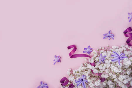 Floral beautiful pastel pink background. White small flowers. Flowers Gypsophila. Flat lay, top view