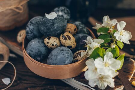 Easter eggs in the round wooden box on rustic wooden background with apple blossom branchの写真素材