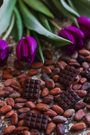 Assortment of different chocolate types in cocoa beans, with violet spring tulips on the backgroundの写真素材