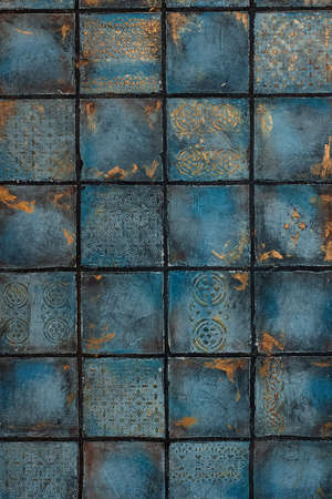 The colorful blue vintage ceramic tiles wall decoration. Photo backdrop printable.の写真素材