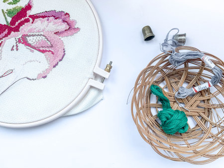Cross stitch process in the hoop multicolored flower, white canvas, floss threads on bobbins,...
