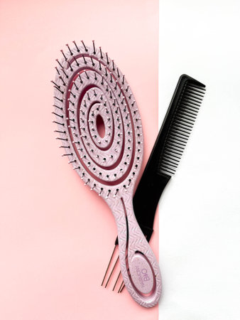 Combs, elastic bands and hair clips, hair dryer. A set for hairstyles, a set of hair stylist.の写真素材