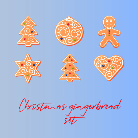 Christmas gingerbread on a colored background. New Year and Christmas logo, icons, illustration, pattern.のイラスト素材