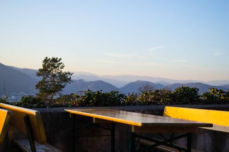 Panorama from a height. Sunset in the city of Graz, Austria.の写真素材