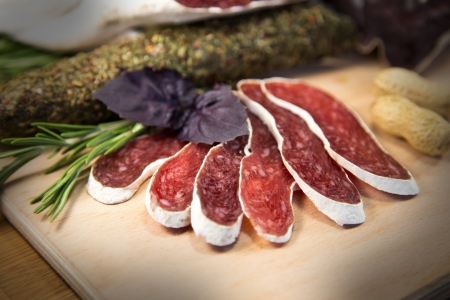Salami with basilの写真素材