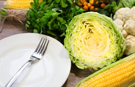 White plate with vegetablesの写真素材