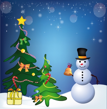 Christmas picture with the snowman and fur-treesのイラスト素材