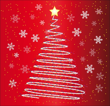 Christmas fur-tree on a red background with snowflakesのイラスト素材