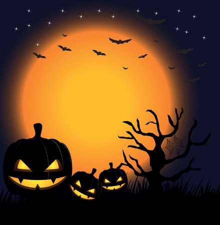 pumpkins against a dark background with the moon and batsのイラスト素材