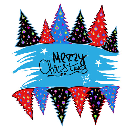 Illustration with Christmas trees, snowflakes. Handwritten text Merry Christmas greeting. Winter holiday card  Vector design.のイラスト素材