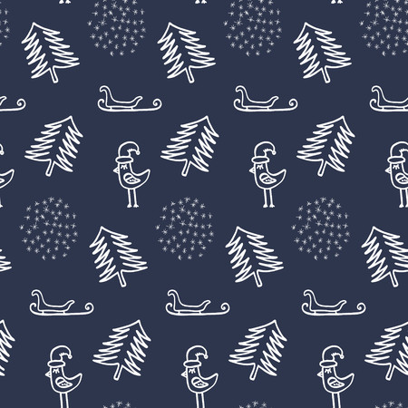 Christmas background. Christmas tree, sleigh and birds. Illustration for a wrapping paper, wallpaper. Seamless vector pattern.のイラスト素材