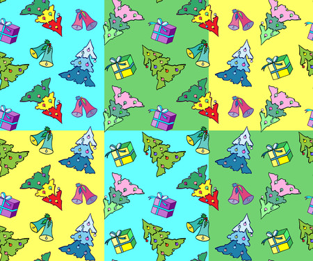Christmas elements. Illustration for a wrapping paper, wallpaper. Black-and-white drawing. Color background. Seamless vector pattern.のイラスト素材
