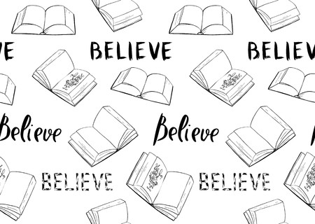 Believe. Books and Bible lettering. Brush calligraphy. 
Hand drawing illustration.  Words about God. Seamless vector pattern.のイラスト素材