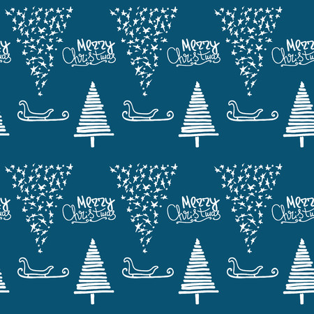Christmas background. Christmas tree, stars and sleigh.  Illustration for a  wrapping paper,  wallpaper.  Winter`s  greeting handwritten calligraphy.    Seamless vector pattern.のイラスト素材