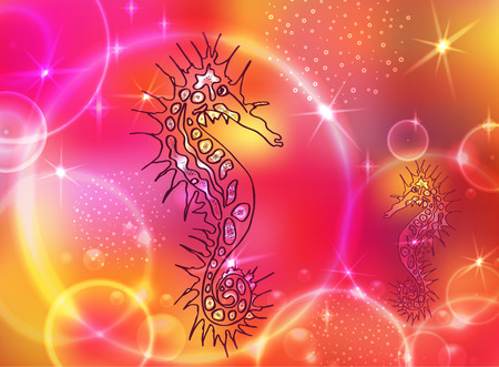 Vector painting sea horse. Illustration of fish in the depths of the sea  and air bubbles.  Element tattoo design, cartoon, doodle.のイラスト素材