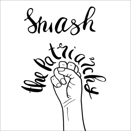 Smash the patriarchy. Feminism poster with female fist. Feminist saying. Brush lettering. Vector design.のイラスト素材