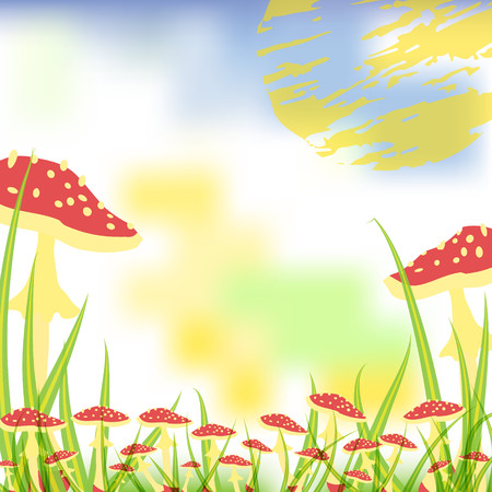 A postcard with a drawing of a fly agaric. Place for the text. Magic mushrooms  . Flat style for web vector illustrationのイラスト素材