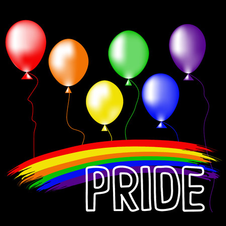 Colored rainbow balls and handwritten text Pride.  Rainbow background LGBT  multicolored flag.  Original symbol for gay parade. Vector designのイラスト素材