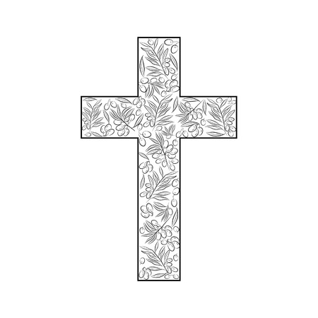 The Latin cross of the crucifix filled with the branches and fruits of the olive tree as a symbol of eternal peace in Christian religion. Vector design.のイラスト素材