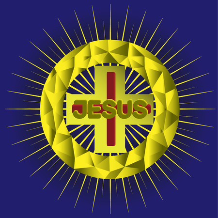 A golden cross in a circle with rays on a blue background and the inscription Jesus. symbol of the Christian religion.   Vector designのイラスト素材