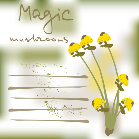 A postcard with a drawing of a fly agaric. Handwritten  text. Magic mushrooms  . Flat style for web vector illustrationのイラスト素材