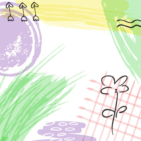 Minimalistic background with paint brush strokes and abstract flowers. Hand drawn elements with white, black and  pink  colors. Vector abstract design.のイラスト素材