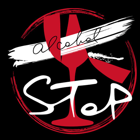 Stop alcohol. Broken wine glass, spilled  wine. Handwritten lettering. Vector designのイラスト素材