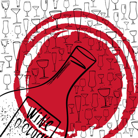 Wine o'clock. Funny saying for posters, cafe  and bar, t-shirt design. Brush calligraphy. Hand illustration  of wine glasses and bottle on the abstract background . Vector designのイラスト素材
