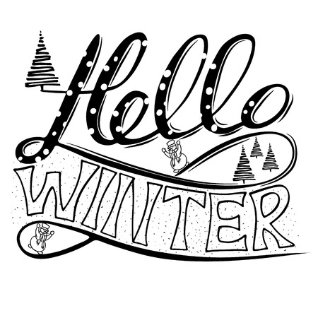 Hello Winter banner.  Symbolic snowmen and Christmas trees.  Hand lettering. Monochrome vector design.のイラスト素材