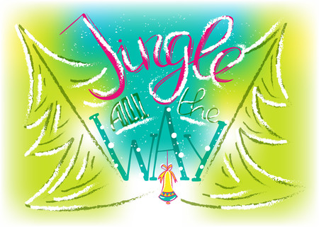 Jingle all the way. Merry Christmas card with brush calligraphy. New Year background with silhouette of bell and hand draw lettering.のイラスト素材