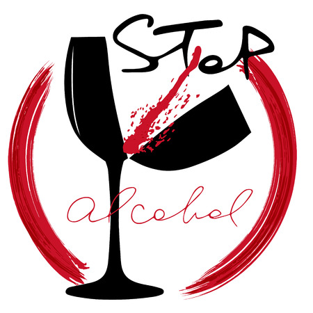 Stop alcohol. Broken wine glass, spilled red wine. Handwritten lettering. Vector designのイラスト素材