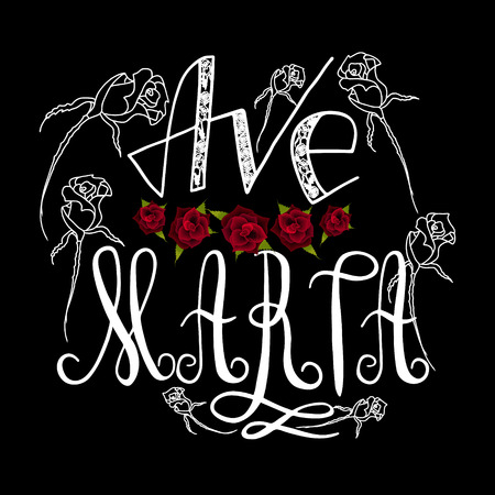 Ave Maria. Handwritten text of the name of the  Virgin Mary mother of Christ. Red rose. Vector design.のイラスト素材