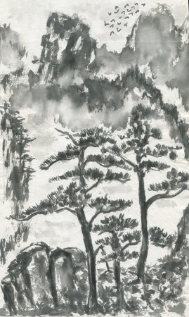 Chinese pines and mountain landscape in a fog .  Watercolor and ink illustration in style sumi-e, u-sin, go-hua. Oriental traditional painting. Monochromeの写真素材
