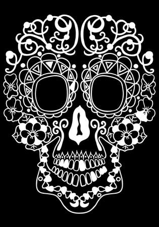 Mexican sugar skull with floral design and cross. Design element for poster, card, print, emblem, sign, tattoo, t-shirt. Black and white vector illustration for Day of the Dead Celebration Festivalのイラスト素材