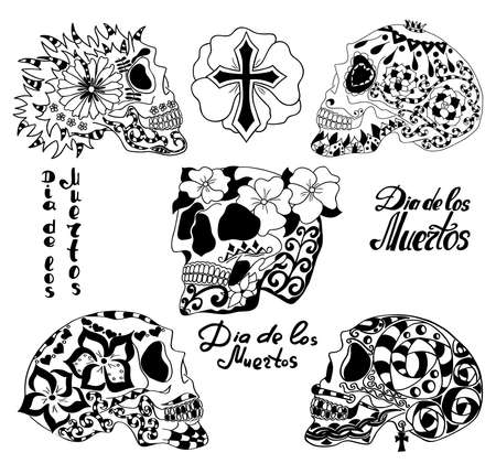 Mexican holiday Day of the Dead Celebration Festival and Halloween.  Black and white vector illustration.のイラスト素材