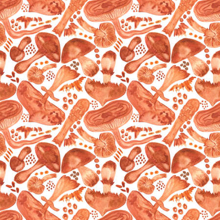 Seamless watercolor background with mushrooms. Pattern for creating fabrics, wallpapers, gift wrapping paper, invitations, textile, scrapbooking. Isolated on white background.の写真素材