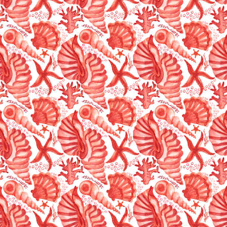 Watercolored seashells and starfishes seamless pattern. Illustration of shells and sea stars for for...