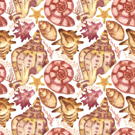 Watercolored seashells and starfishes seamless pattern. Illustration of shells and sea stars for for creating fabrics, textile, decoupage, wallpapers, print, gift wrapping paper, invitations, textile.の写真素材