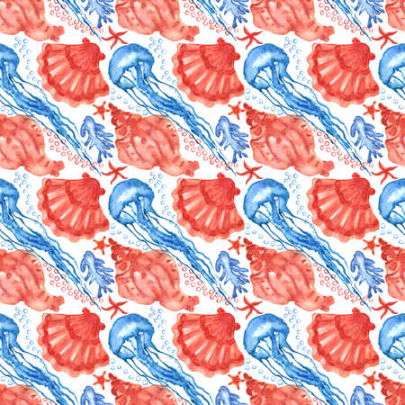 Watercolored seashells and starfishes seamless pattern. Illustration of shells and sea stars for for...