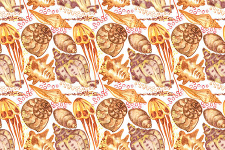 Marine background with seashells and jellyfish. Watercolor seamless pattern. Isolated on white background. Perfect for creating fabrics, textile, decoupage, wallpapers, print.の写真素材