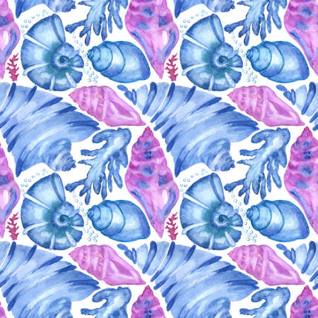 Marine background with seashells, starfishes and corals. Watercolor seamless pattern. Perfect for creating fabrics, textile, decoupage, wallpapers, print, gift wrapping paper, invitations, textile.の写真素材