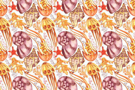 Watercolor seashells and starfish seamless pattern. Illustration of jellyfishes and sea stars for for creating fabrics, textile, decoupage, wallpapers, print, gift wrapping paper, invitations.の写真素材