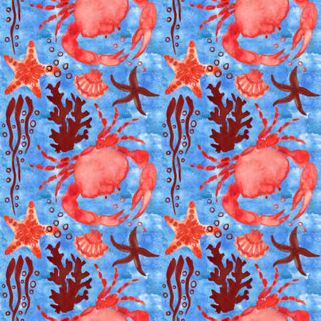 Marine background with sea turtle, shells, crabs and corals. Watercolor seamless pattern. Perfect for creating fabrics, textile, decoupage, wallpapers, print, gift wrapping paper, invitationsの写真素材