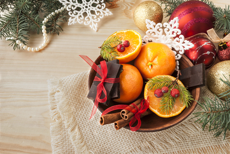 dish with fruit and chocolate, Christmas celebrationの写真素材