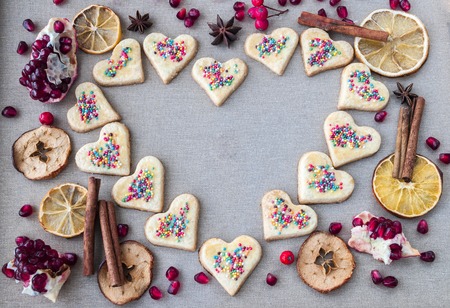 homemade cookies on the background of the canvas, the shape of heartsの写真素材